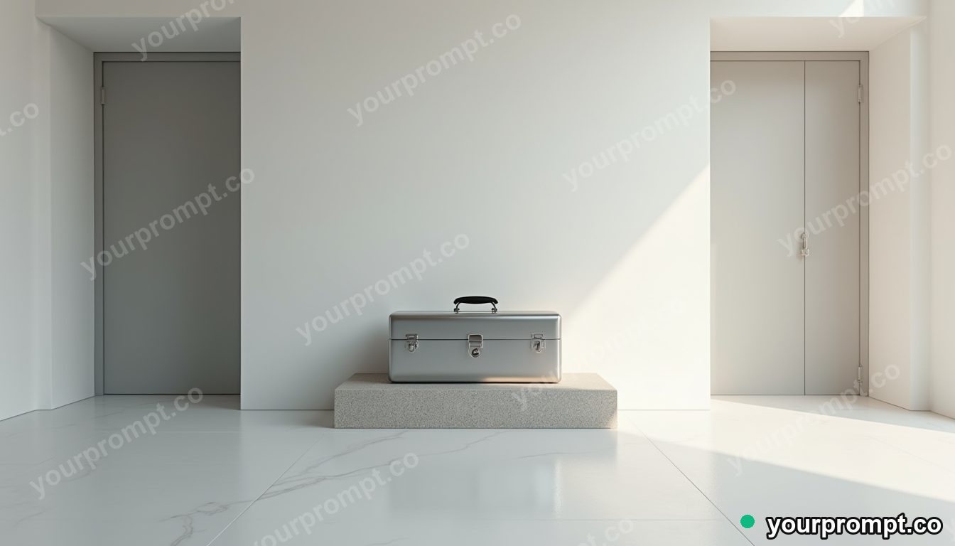 Silver toolbox slowly turning into polished stone inside a closed showroom · minimal graphic geometry — AI-generated image