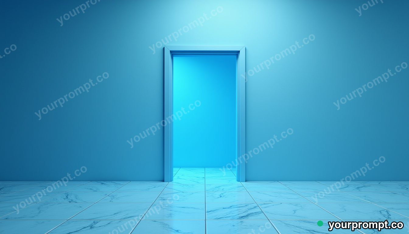 Blue doorframe melting into geometric tiles inside a blank office room — 5 AI style variations of one prompt