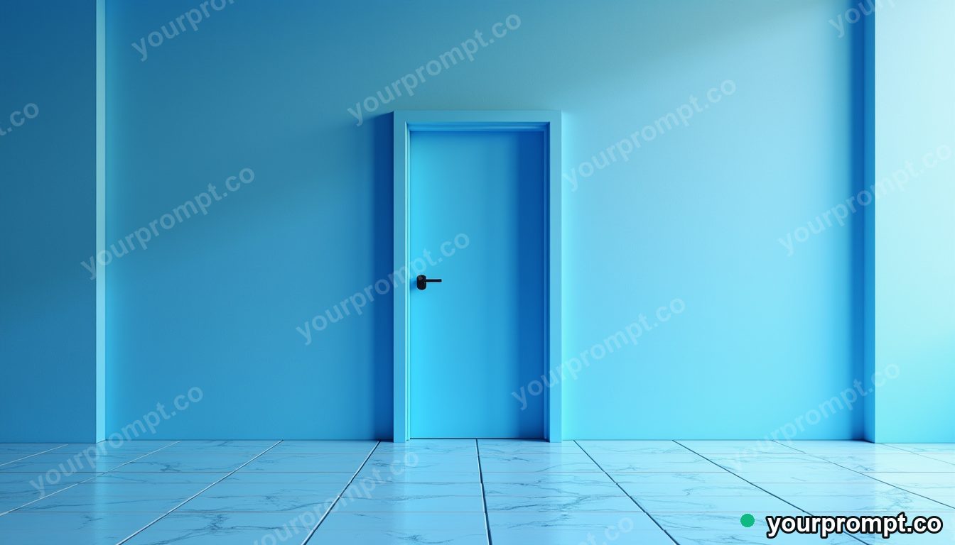 Blue doorframe melting into geometric tiles inside a blank office room · premium material editorial — AI-generated image