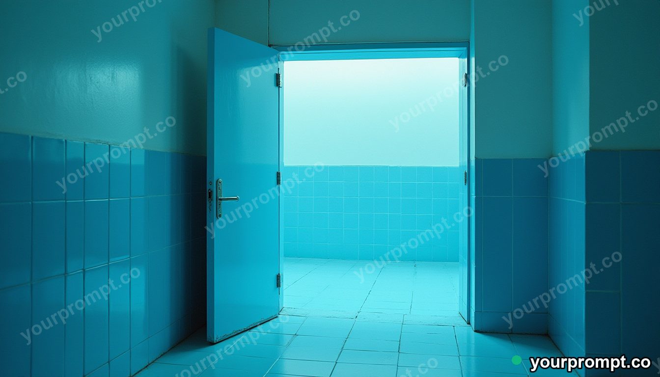 Blue doorframe melting into geometric tiles inside a blank office room · analog empty archive — AI-generated image