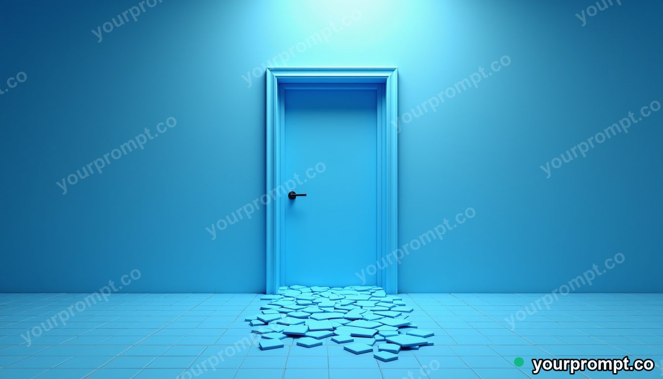 Blue doorframe melting into geometric tiles inside a blank office room · impossible physics surreal — AI-generated image