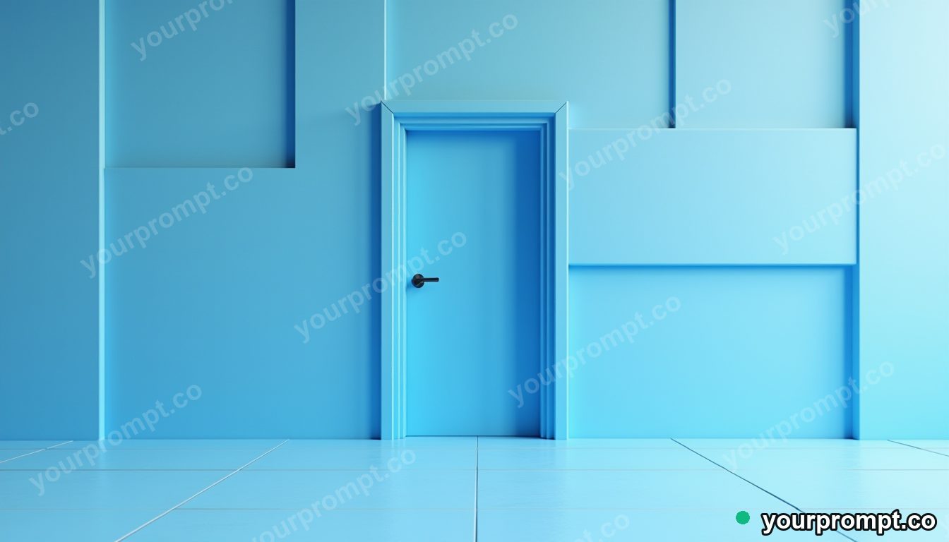 Blue doorframe melting into geometric tiles inside a blank office room · minimal graphic geometry — AI-generated image