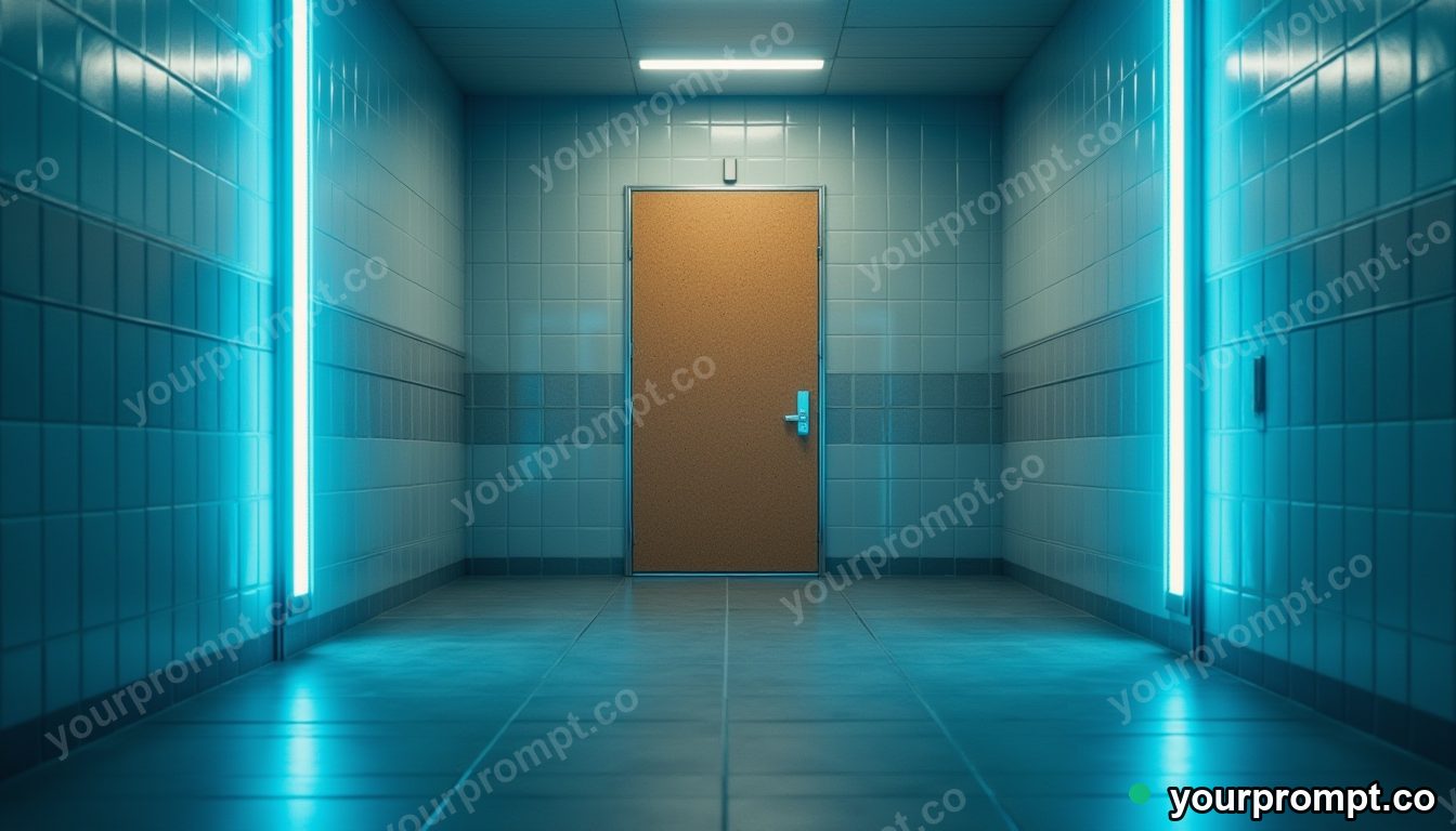 Cork hallway panel surrounded by thin rings of blue light inside a tiled maintenance room — 5 AI style variations of one prompt