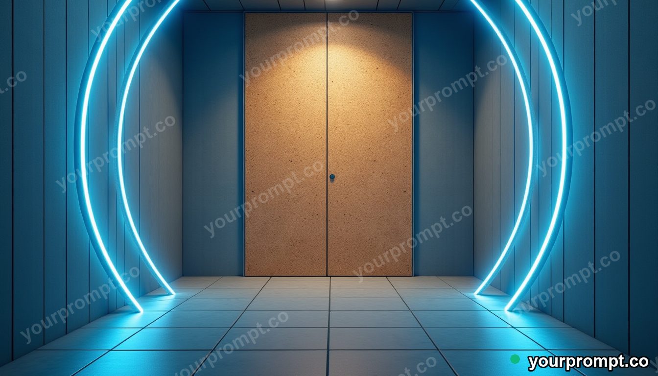 Cork hallway panel surrounded by thin rings of blue light inside a tiled maintenance room · premium material editorial — AI-generated image