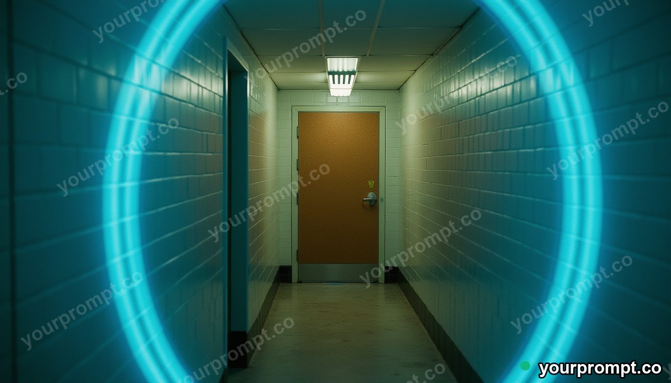 Cork hallway panel surrounded by thin rings of blue light inside a tiled maintenance room · analog empty archive — AI-generated image