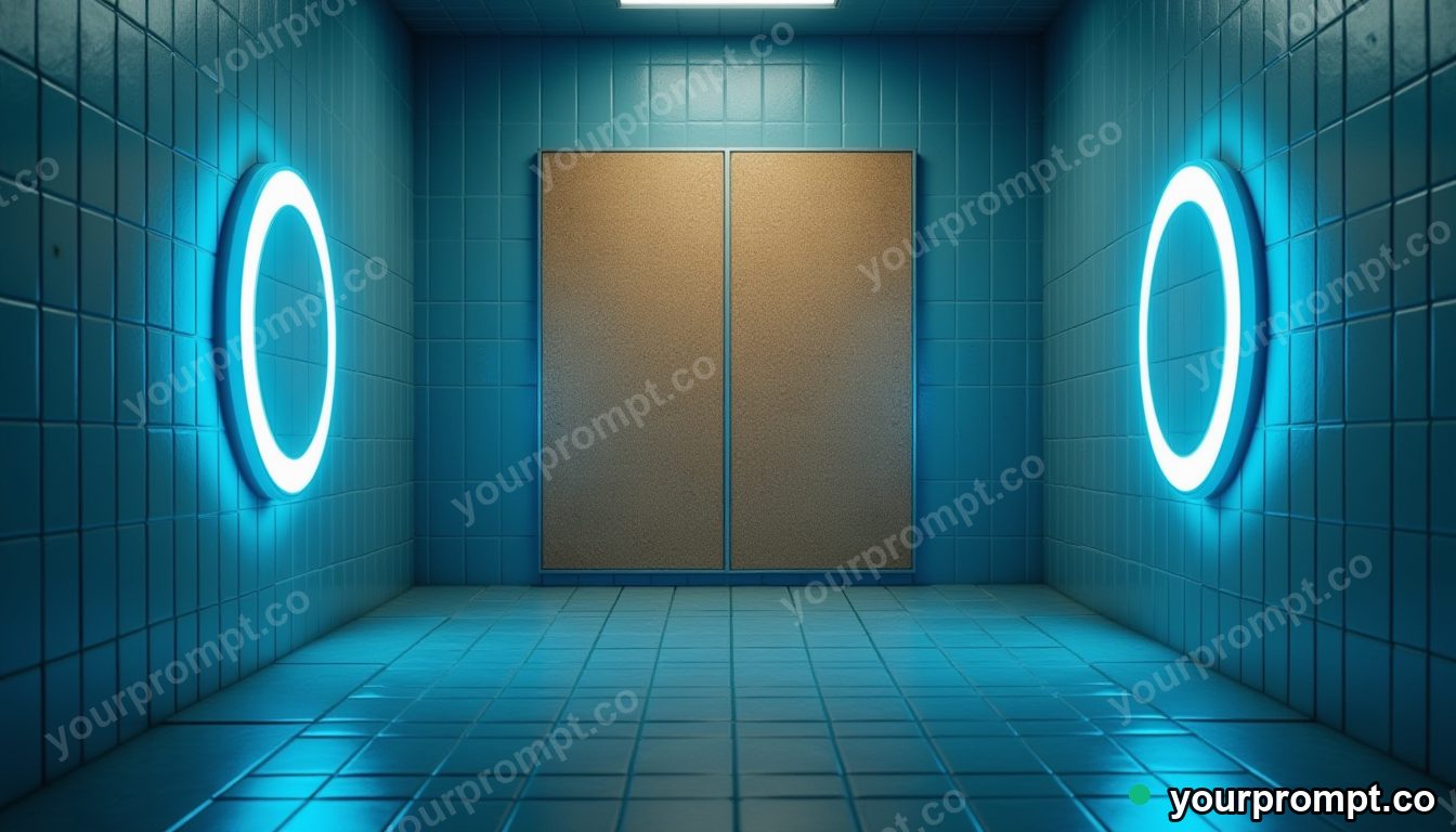 Cork hallway panel surrounded by thin rings of blue light inside a tiled maintenance room · impossible physics surreal — AI-generated image