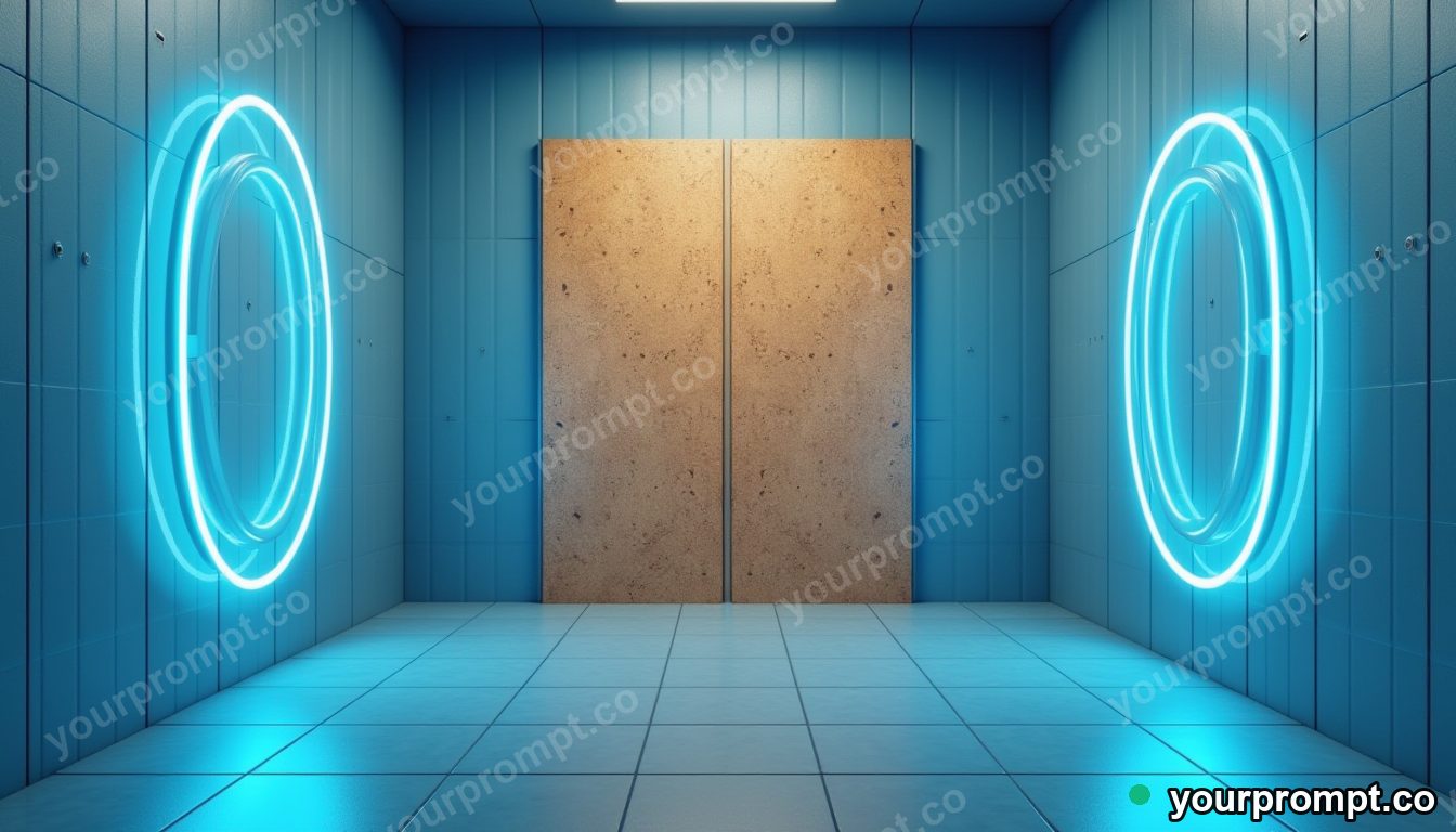 Cork hallway panel surrounded by thin rings of blue light inside a tiled maintenance room · minimal graphic geometry — AI-generated image