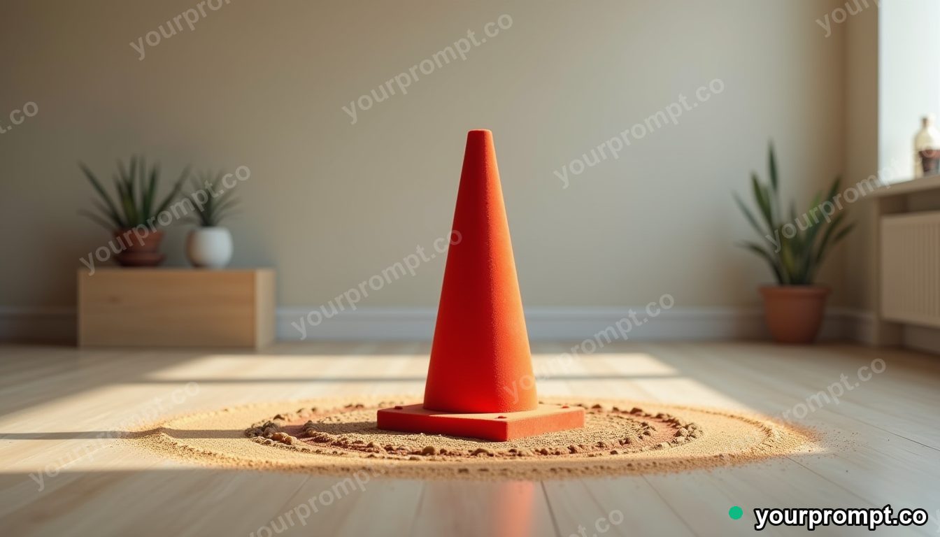 Velvet traffic cone standing in a circle of dry dust inside a minimalist apartment room — 5 AI style variations of one prompt