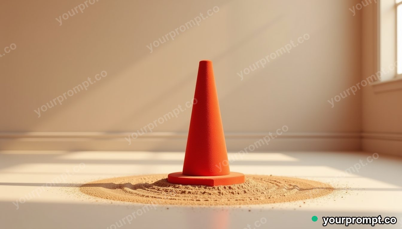 Velvet traffic cone standing in a circle of dry dust inside a minimalist apartment room · premium material editorial — AI-generated image