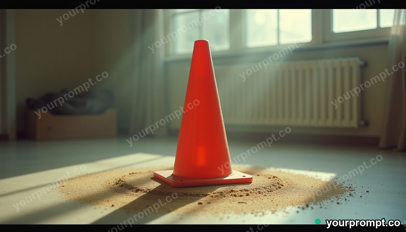 Velvet traffic cone standing in a circle of dry dust inside a minimalist apartment room · analog empty archive — AI-generated image