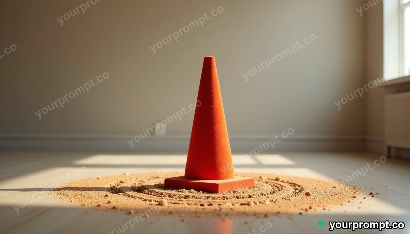 Velvet traffic cone standing in a circle of dry dust inside a minimalist apartment room · impossible physics surreal — AI-generated image
