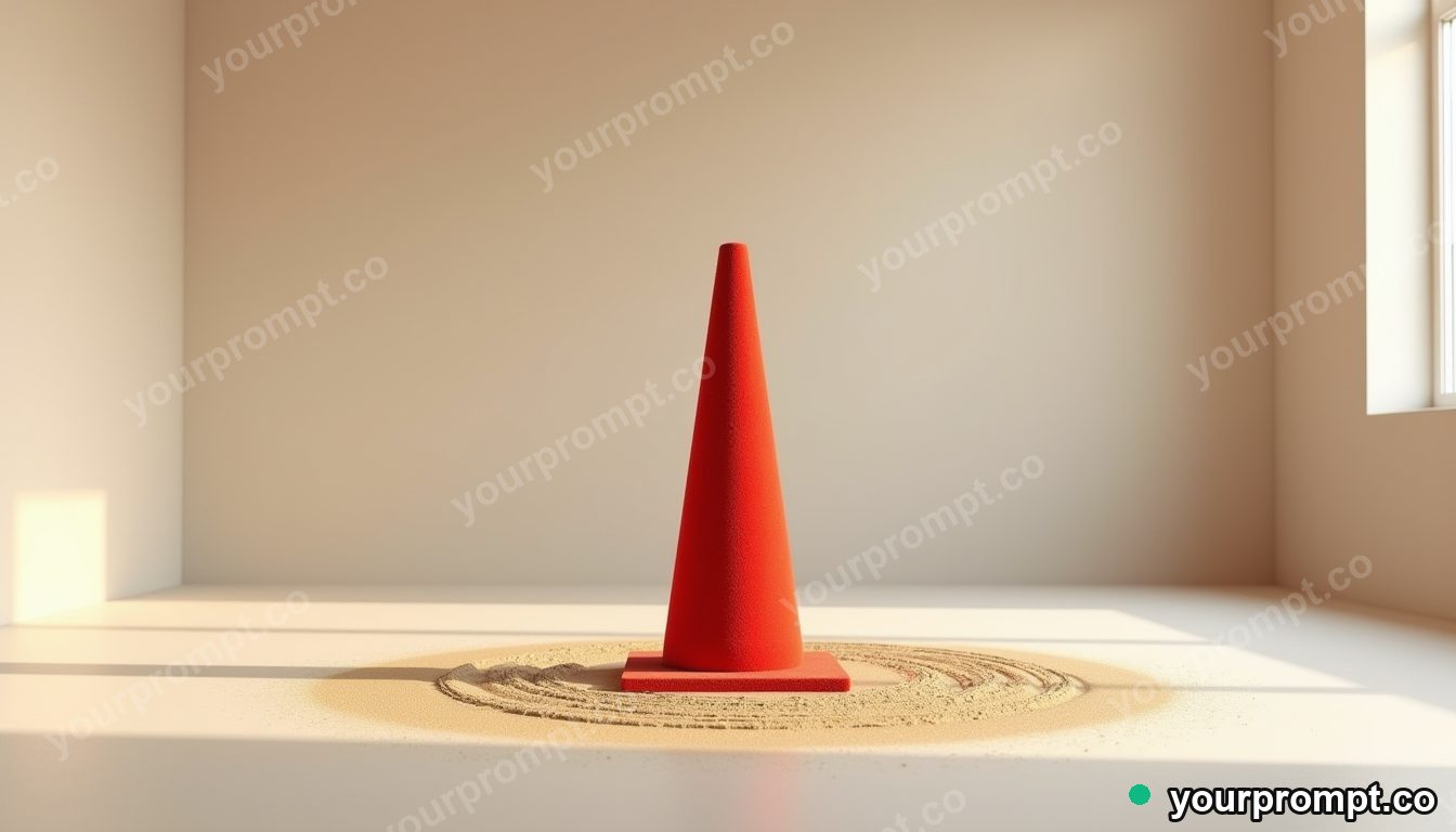 Velvet traffic cone standing in a circle of dry dust inside a minimalist apartment room · minimal graphic geometry — AI-generated image