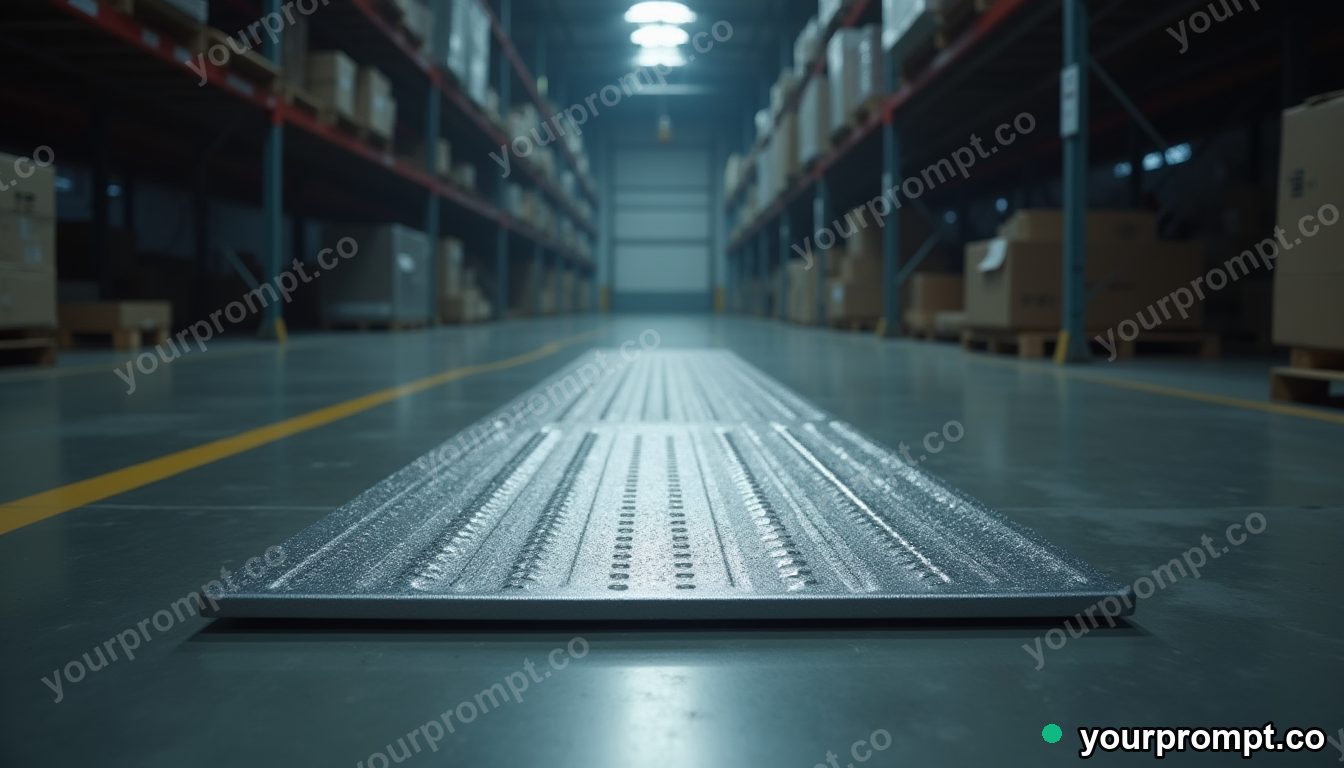 Titanium doormat leaking tiny particles of white light inside a quiet warehouse — 5 AI style variations of one prompt