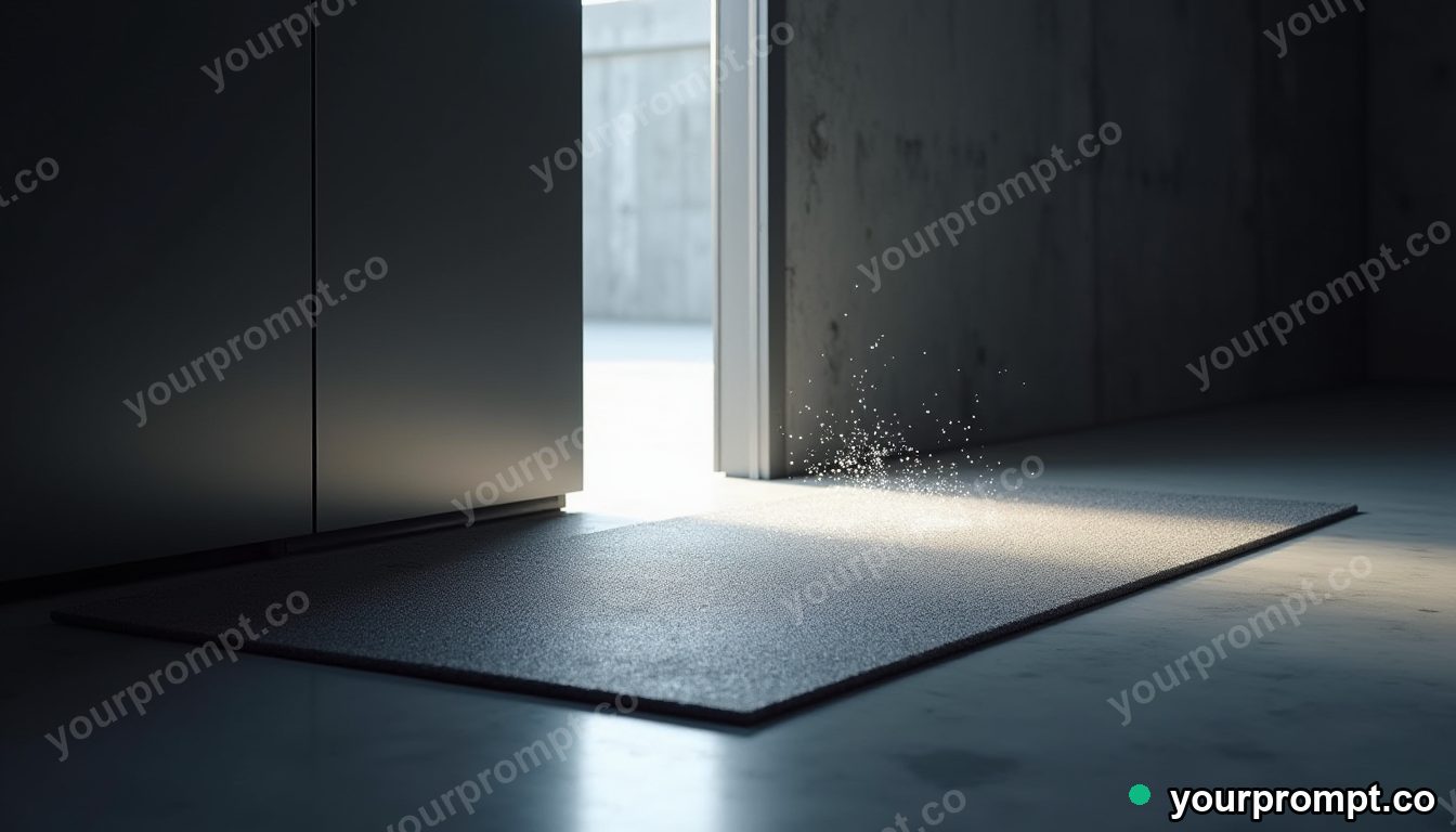 Titanium doormat leaking tiny particles of white light inside a quiet warehouse · premium material editorial — AI-generated image