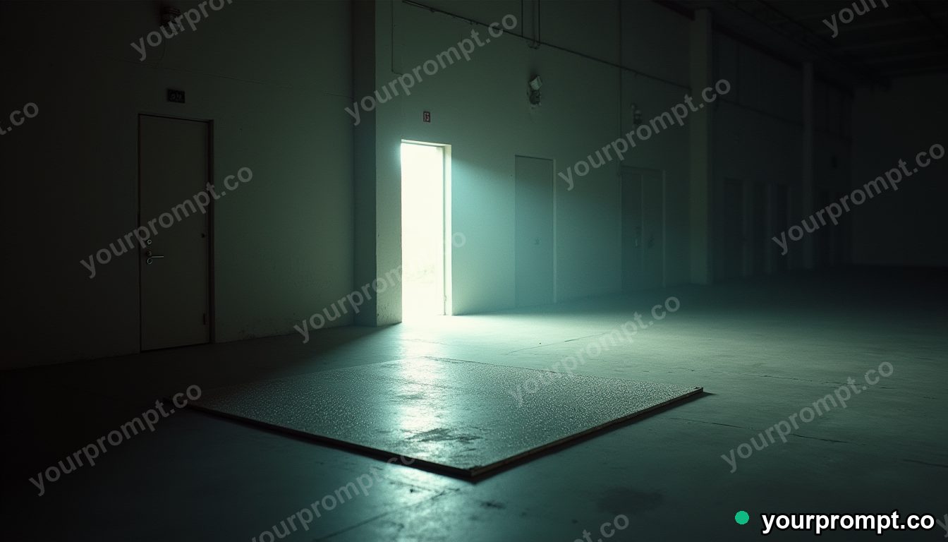 Titanium doormat leaking tiny particles of white light inside a quiet warehouse · analog empty archive — AI-generated image