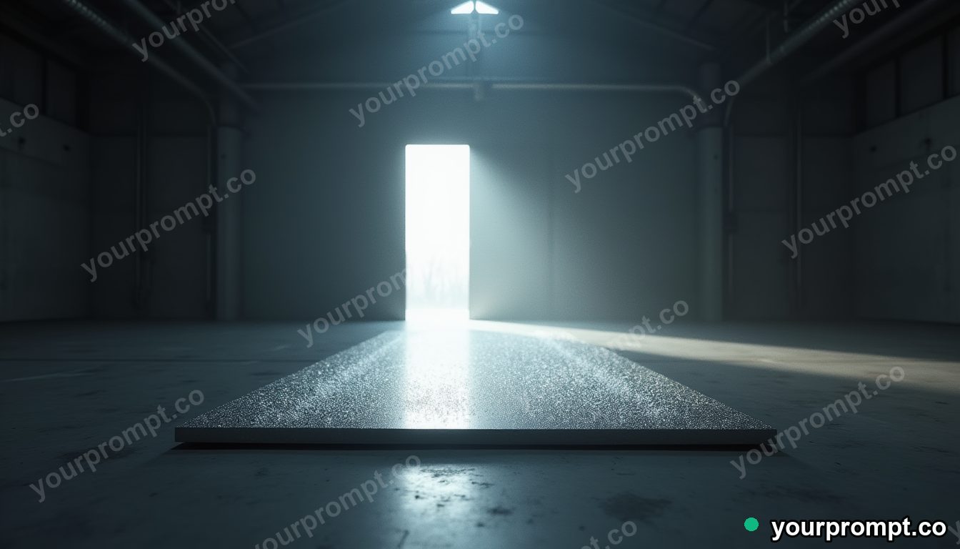 Titanium doormat leaking tiny particles of white light inside a quiet warehouse · impossible physics surreal — AI-generated image