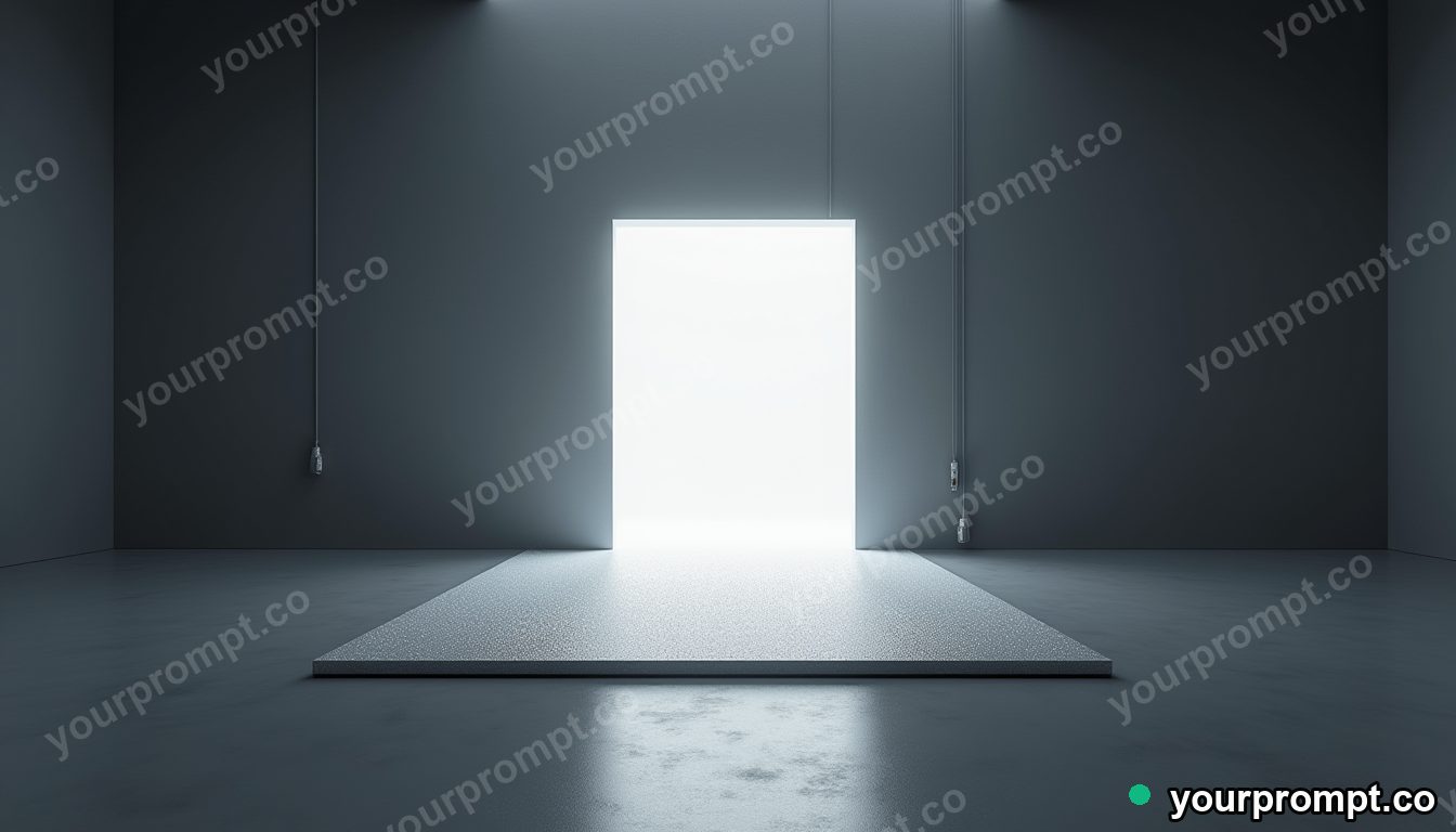 Titanium doormat leaking tiny particles of white light inside a quiet warehouse · minimal graphic geometry — AI-generated image