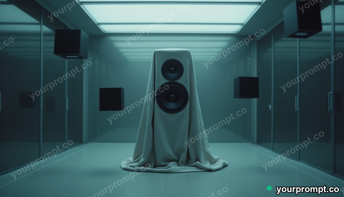 Linen-wrapped speaker surrounded by floating black squares inside a glass test chamber — 5 AI style variations of one prompt