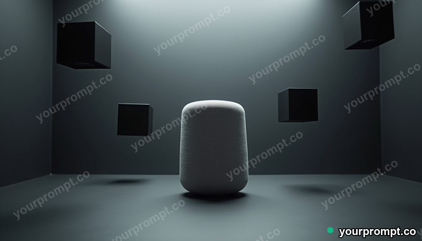 Linen-wrapped speaker surrounded by floating black squares inside a glass test chamber · premium material editorial — AI-generated image