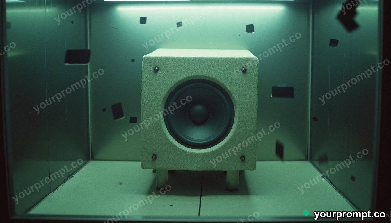 Linen-wrapped speaker surrounded by floating black squares inside a glass test chamber · analog empty archive — AI-generated image
