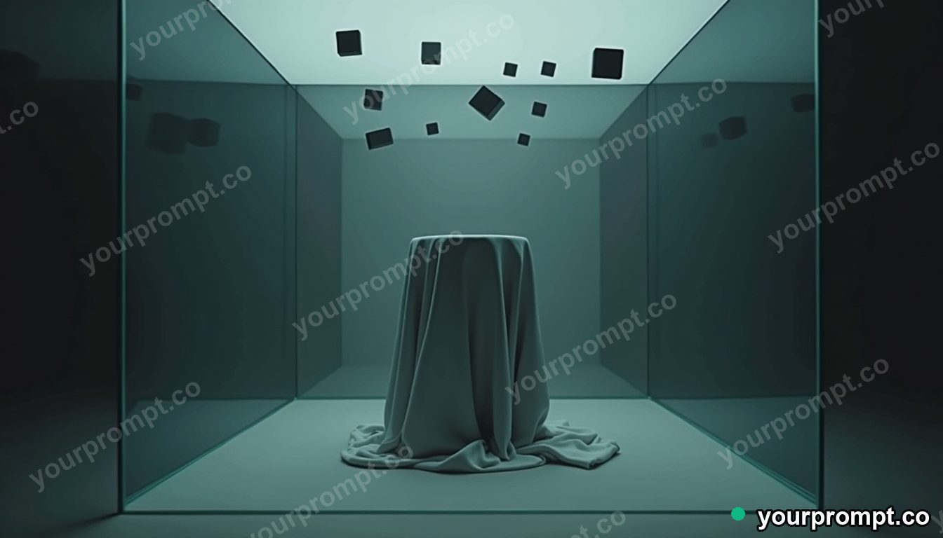 Linen-wrapped speaker surrounded by floating black squares inside a glass test chamber · impossible physics surreal — AI-generated image