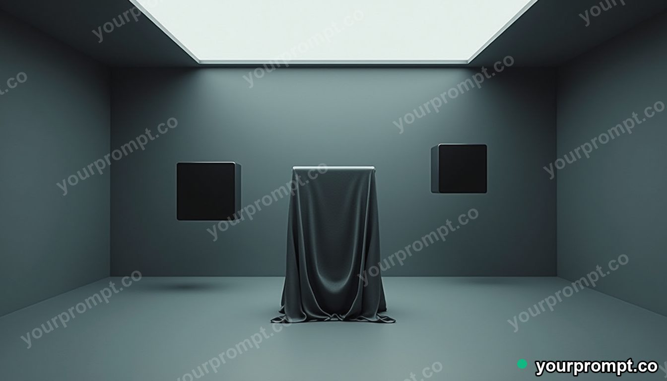 Linen-wrapped speaker surrounded by floating black squares inside a glass test chamber · minimal graphic geometry — AI-generated image