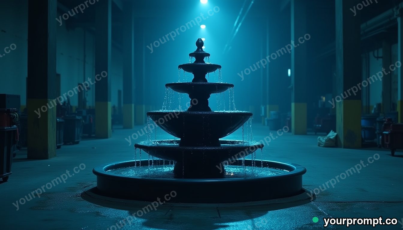 Matte black fountain split into transparent layers on a blue-lit loading dock — 5 AI style variations of one prompt