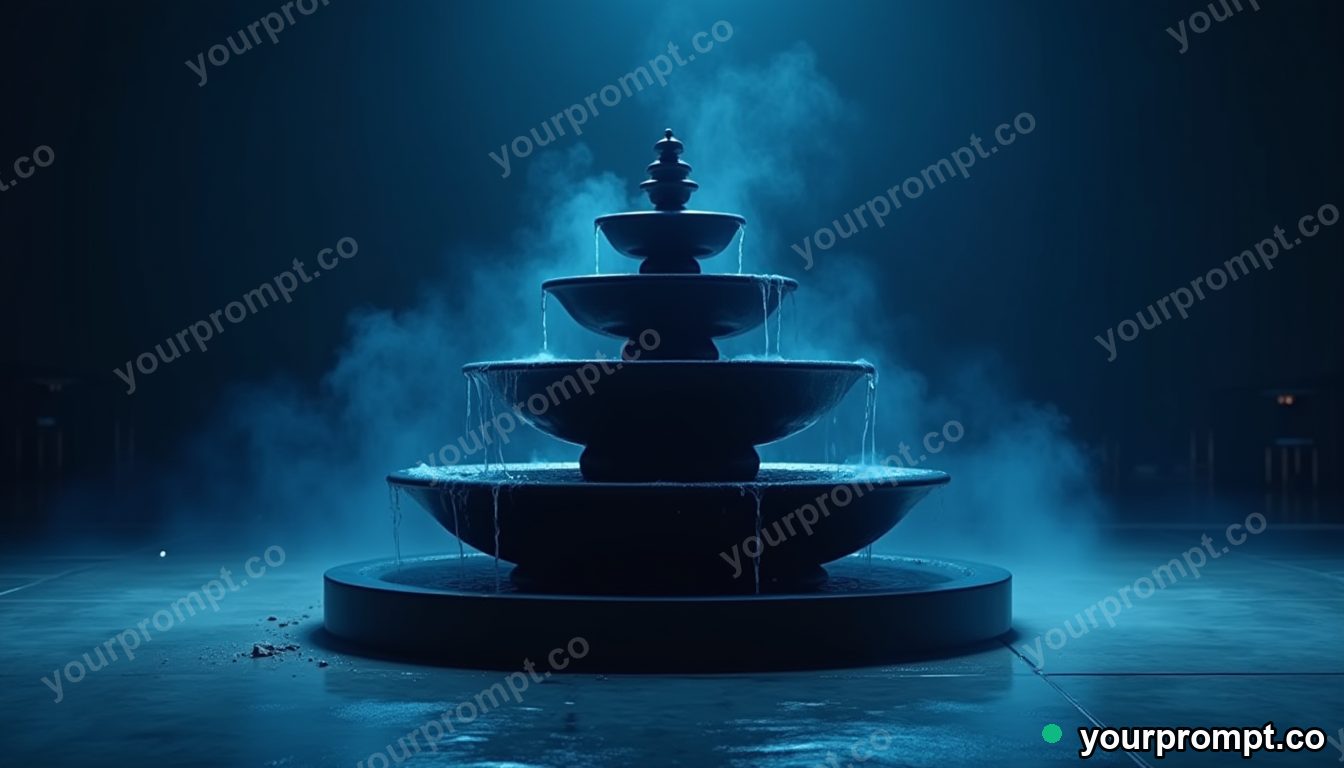 Matte black fountain split into transparent layers on a blue-lit loading dock · premium material editorial — AI-generated image