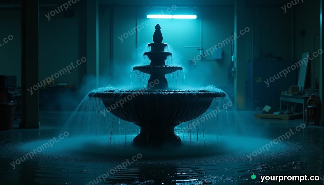 Matte black fountain split into transparent layers on a blue-lit loading dock · analog empty archive — AI-generated image