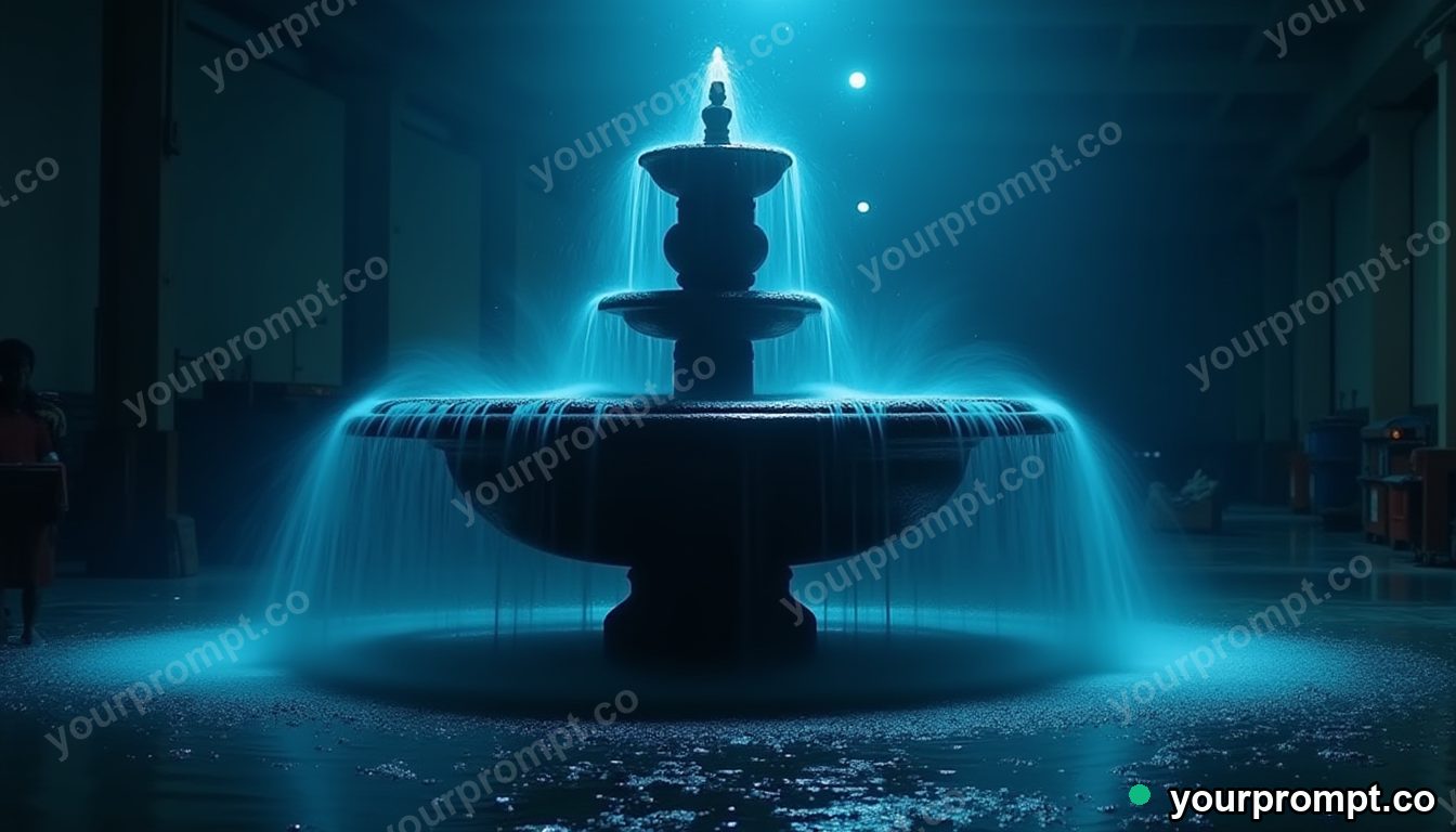 Matte black fountain split into transparent layers on a blue-lit loading dock · impossible physics surreal — AI-generated image