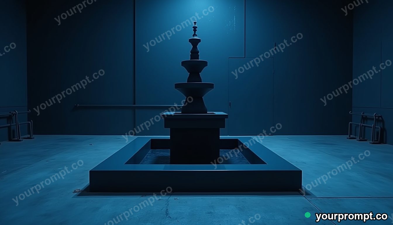 Matte black fountain split into transparent layers on a blue-lit loading dock · minimal graphic geometry — AI-generated image