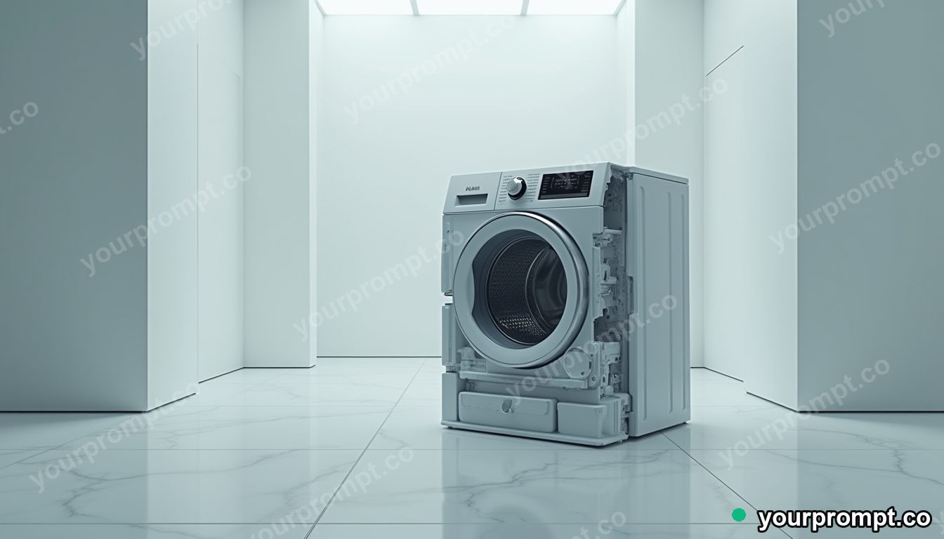 Quartz washing machine cut open as a clean material cross-section on a mirror-like tiled floor — 5 AI style variations of one prompt