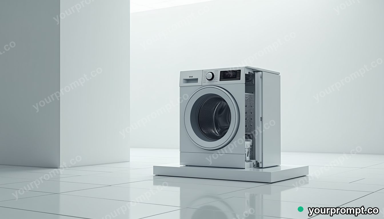 Quartz washing machine cut open as a clean material cross-section on a mirror-like tiled floor · premium material editorial — AI-generated image