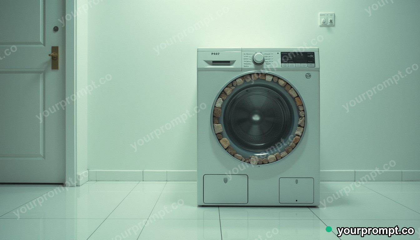 Quartz washing machine cut open as a clean material cross-section on a mirror-like tiled floor · analog empty archive — AI-generated image