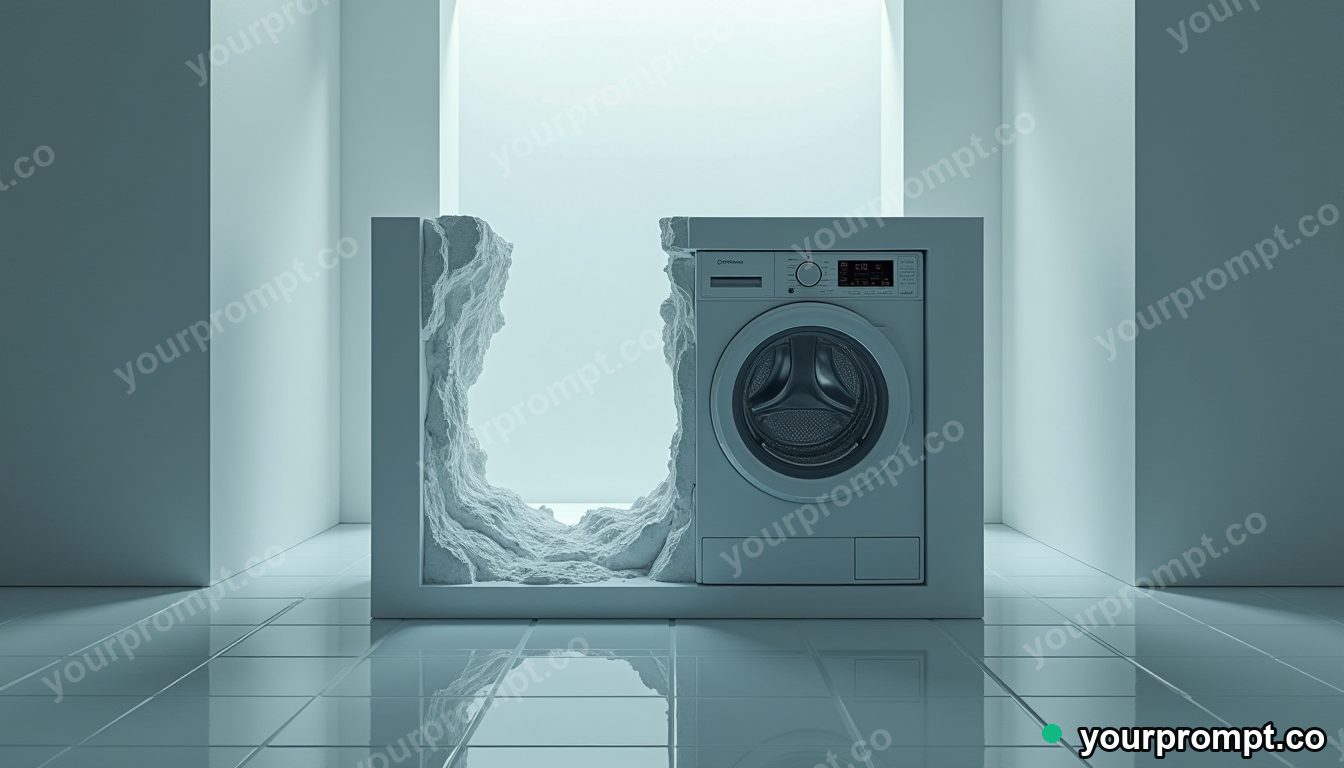 Quartz washing machine cut open as a clean material cross-section on a mirror-like tiled floor · impossible physics surreal — AI-generated image