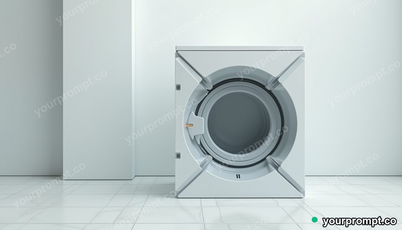 Quartz washing machine cut open as a clean material cross-section on a mirror-like tiled floor · minimal graphic geometry — AI-generated image