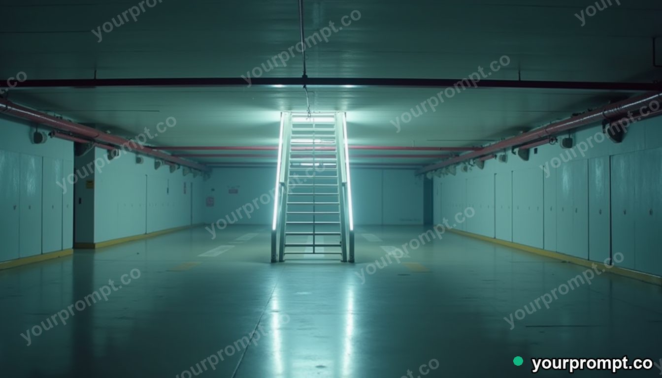 White ladder glowing from seams and hinges inside a deserted parking level — 5 AI style variations of one prompt