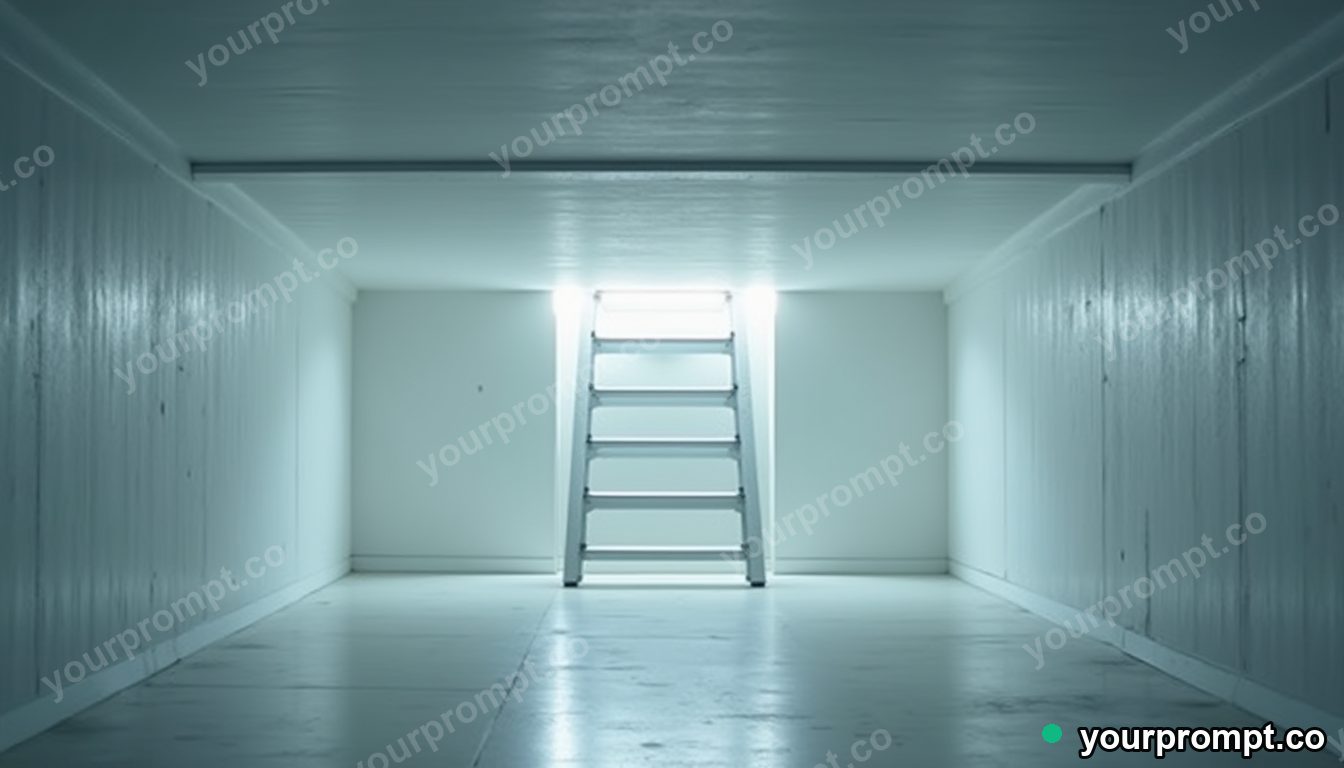White ladder glowing from seams and hinges inside a deserted parking level · premium material editorial — AI-generated image
