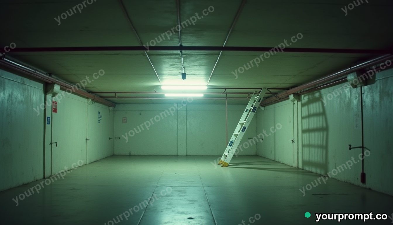 White ladder glowing from seams and hinges inside a deserted parking level · analog empty archive — AI-generated image