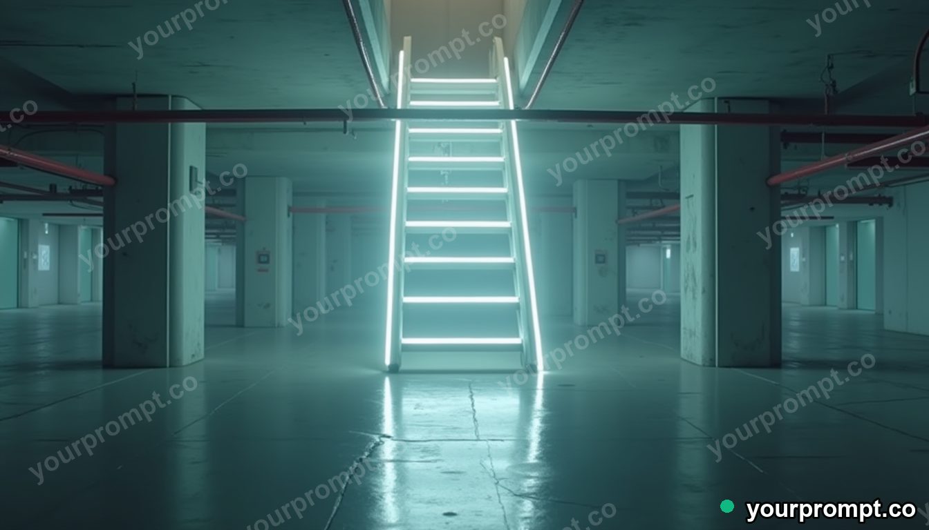 White ladder glowing from seams and hinges inside a deserted parking level · impossible physics surreal — AI-generated image