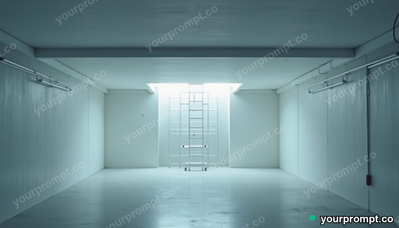 White ladder glowing from seams and hinges inside a deserted parking level · minimal graphic geometry — AI-generated image