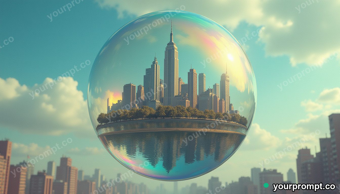A city floating upside-down inside a giant soap bubble