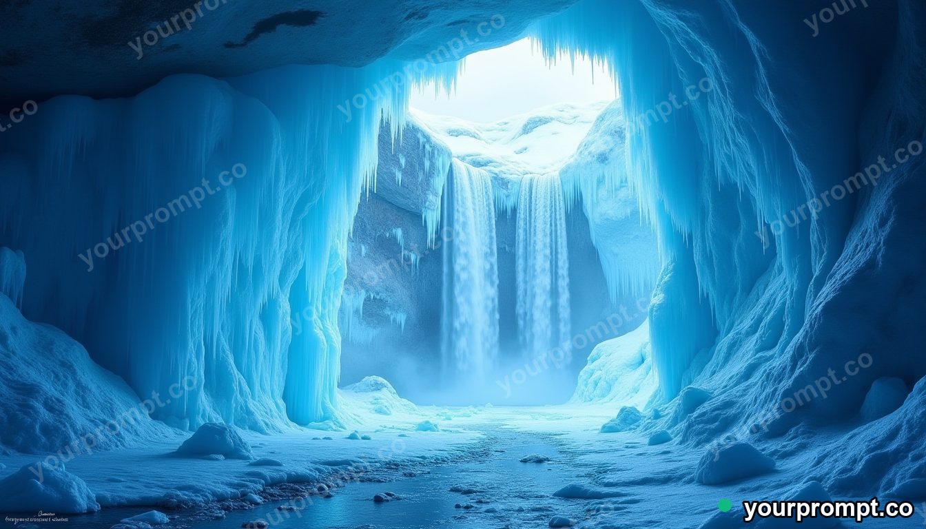 A frozen waterfall inside a blue ice cave