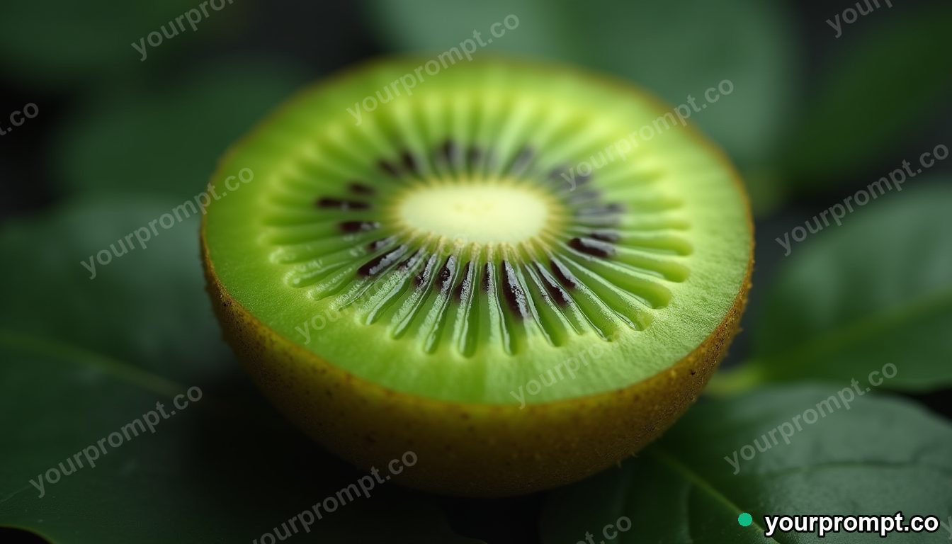 A sliced kiwi fan with bright green flesh