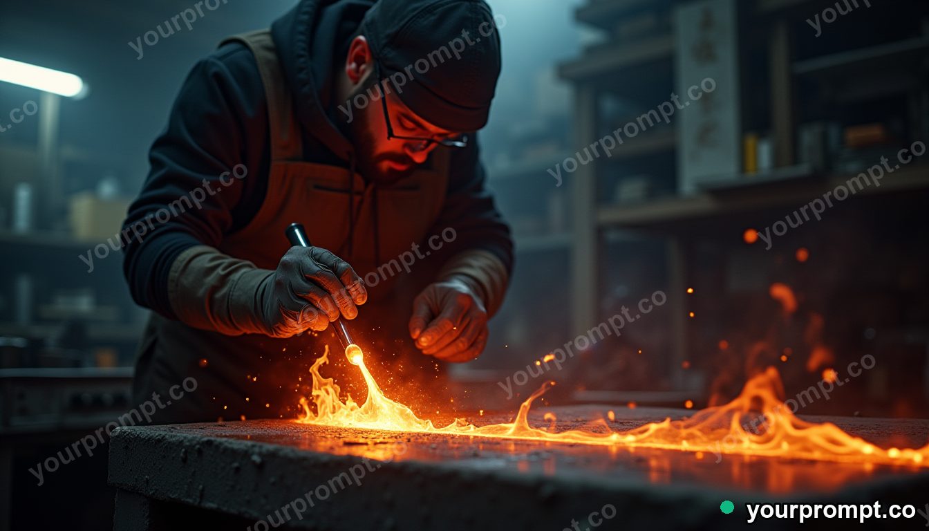 A glassblower shaping molten glass with a glowing rod