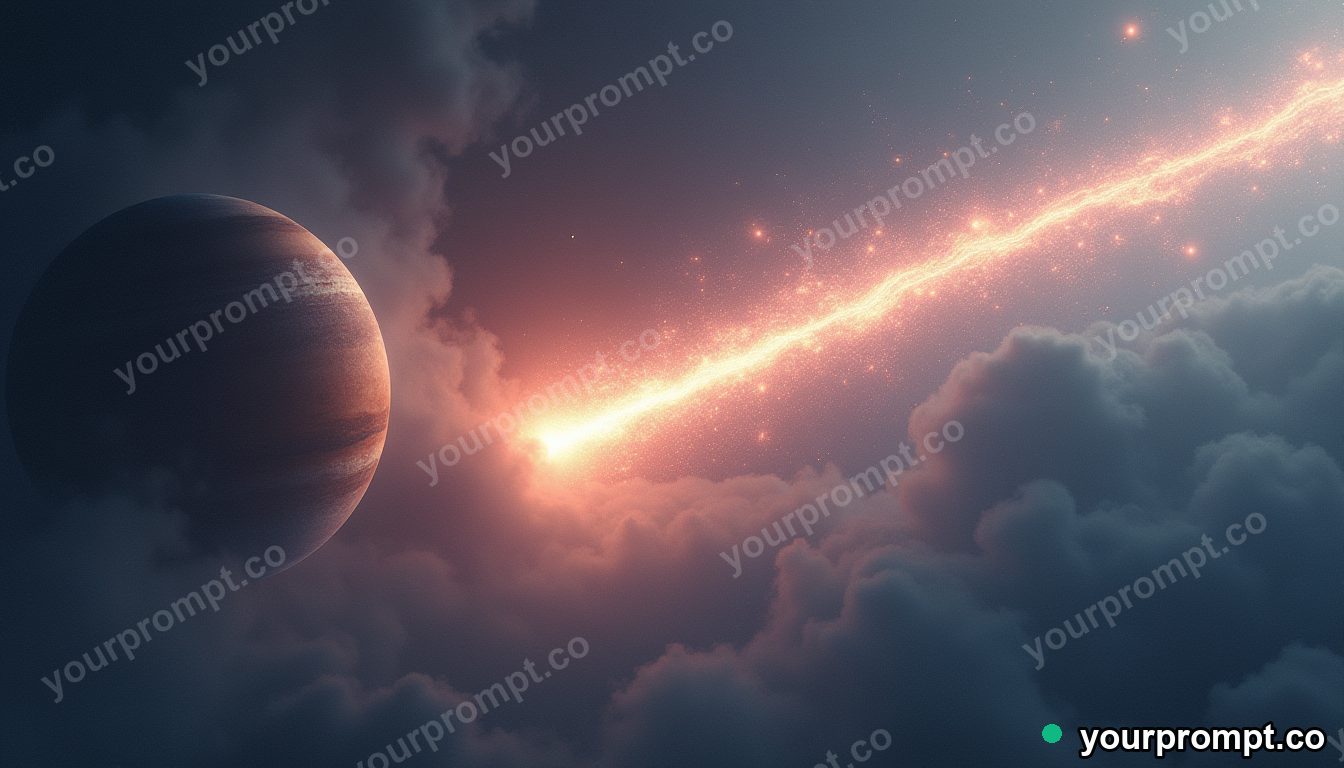 A comet streaking past a ringed planet