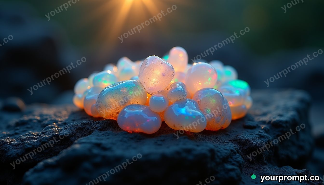A cluster of rainbow opal in dark rock