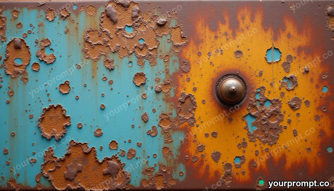 Rusted metal with peeling layers of paint, macro