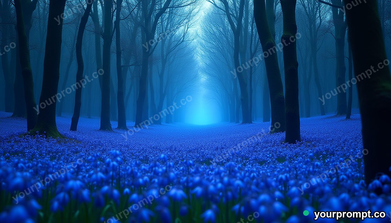 A glowing carpet of bluebells in a spring forest