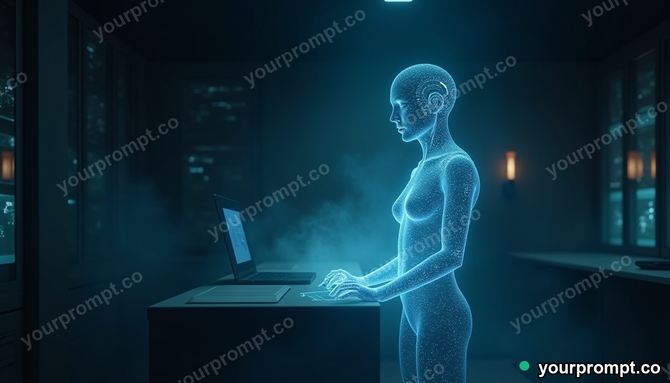 A holographic AI assistant glowing in a dark lab